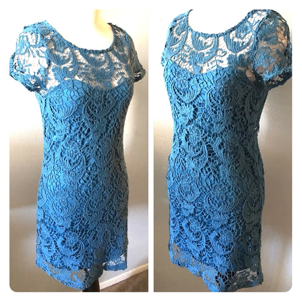 Beautiful blue dress with crocheted overlay